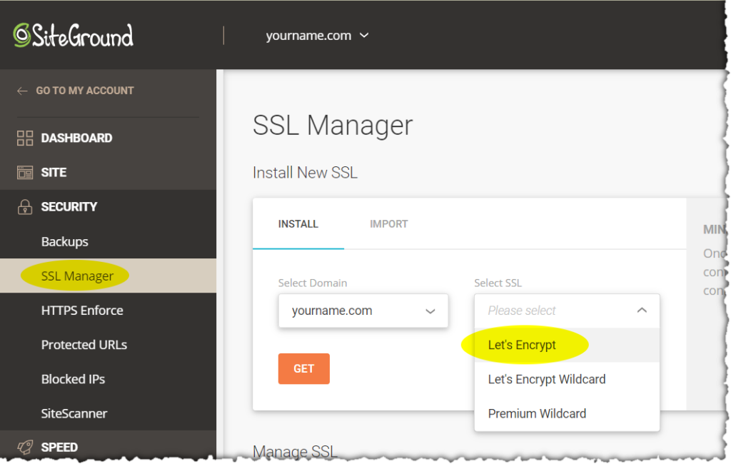 Siteground "dashboard" showing SSL manager