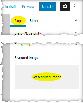 Page settings in right sidebar with featured image control highlighted