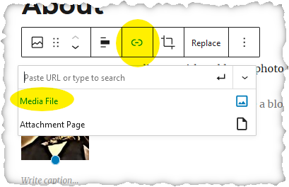 Link control on image block toolbar lets you select "Media File"