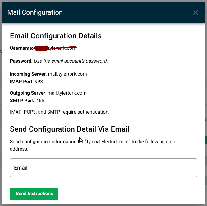 screenshot: email configuration popup on greengeeks