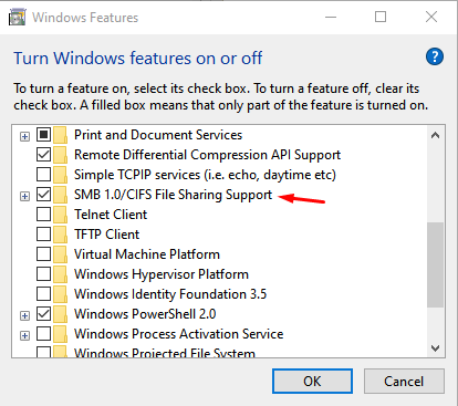 Windows Features dialog hilighting SMB1 support option